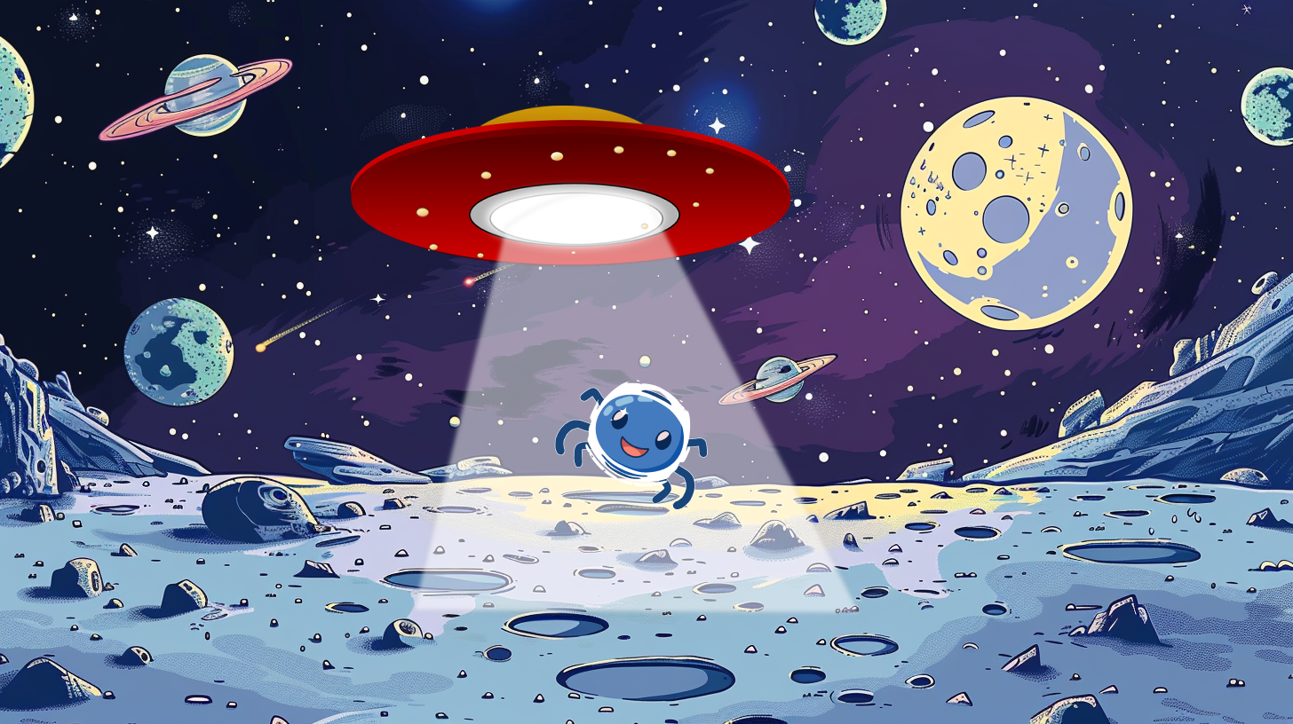 Widget the webway studios spider on the moon being abducted by a UFO