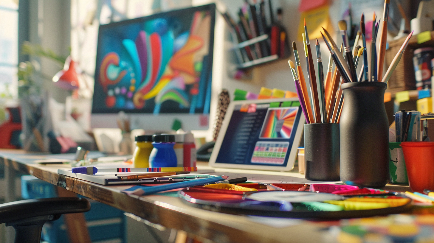 An art desk with various brushes and paints