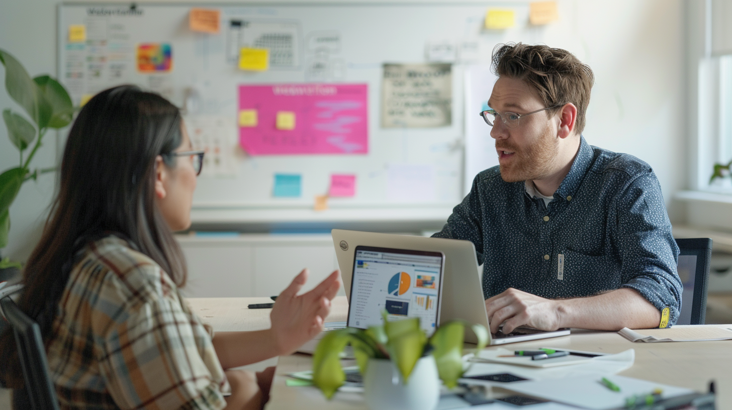 A man and a woman talking about a website