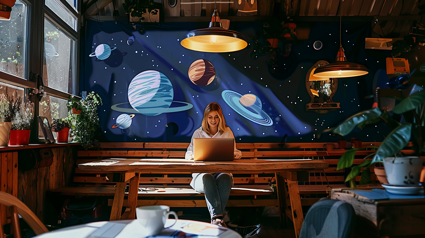 A woman sitting at a table using her laptop to build a website with a no code builder