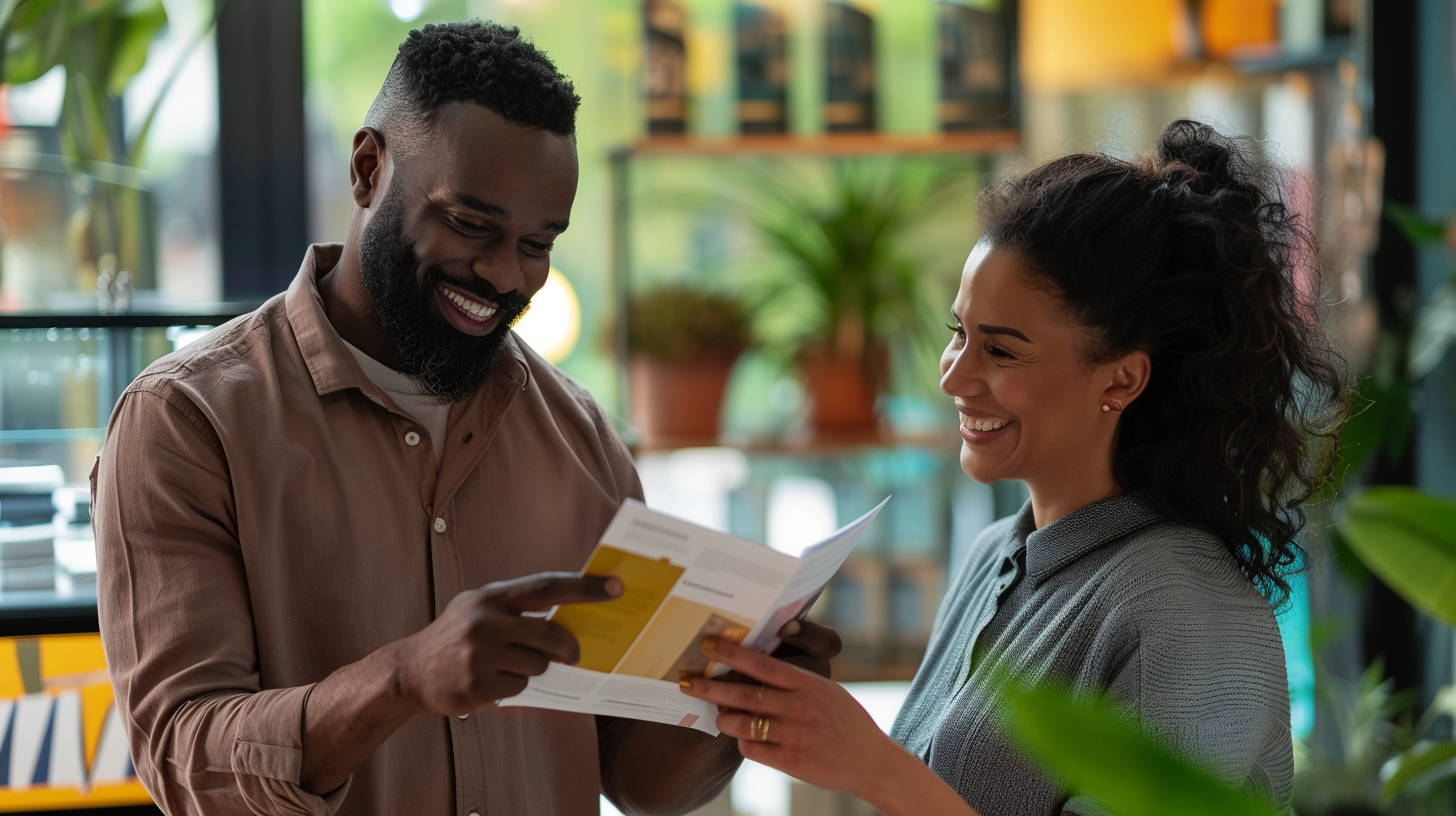 A business owner looking at a beautifully designed brochure