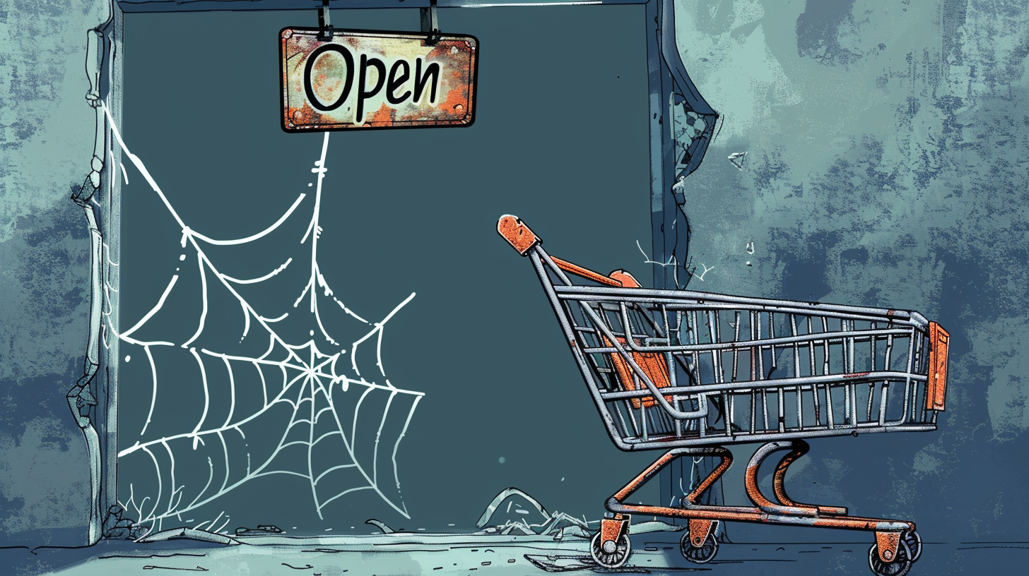 A shopping cart that has been abandoned covered in spider webs,but the sign still says open