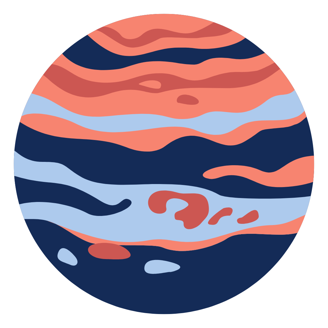 Decorative orbiting planets surrounding character illustration