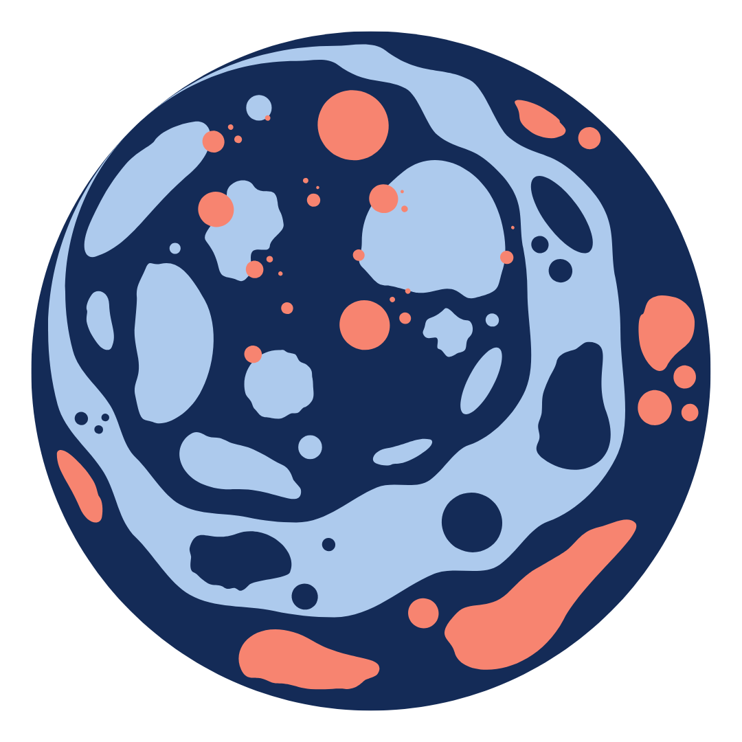 Decorative orbiting planets surrounding character illustration